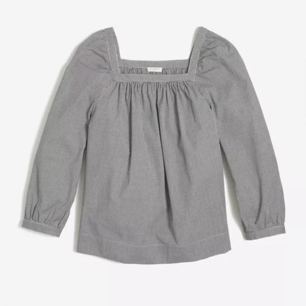 NWT J.Crew Black White Gingham Peasant Top
